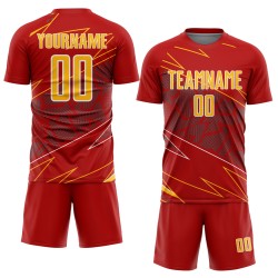 Red Sports Sublimation Jersey Uniform Lines Gold-White Soccer Custom Red Sports Sublimation Jersey Uniform Lines Gold-White Soccer Custom