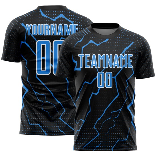 Sublimation Powder Custom Soccer Uniform Sports Lightning Blue-White Jersey Black Sublimation Powder Custom Soccer Uniform Sports Lightning Blue-White Jersey Black