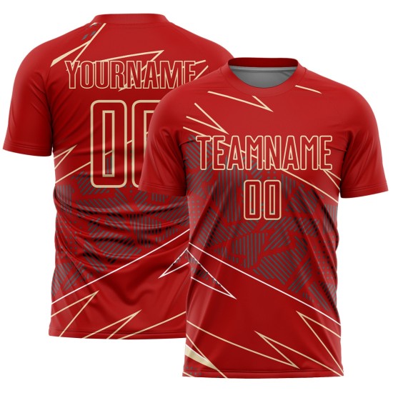 Cream Jersey Soccer Sports Red Sublimation Uniform Lines Custom
