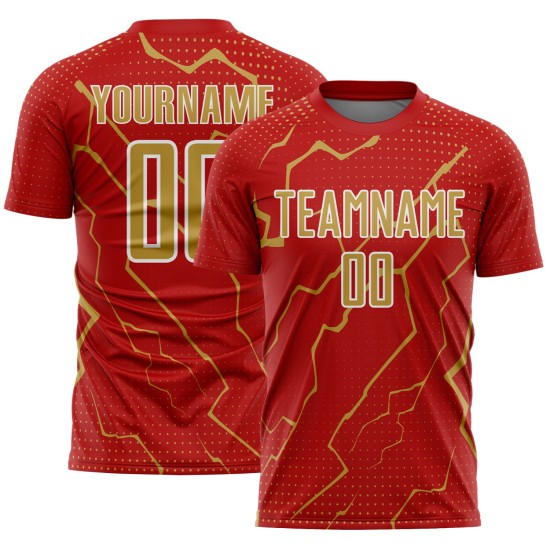 Lightning Custom Jersey Soccer Uniform Gold-White Old Red Sports Sublimation Lightning Custom Jersey Soccer Uniform Gold-White Old Red Sports Sublimation
